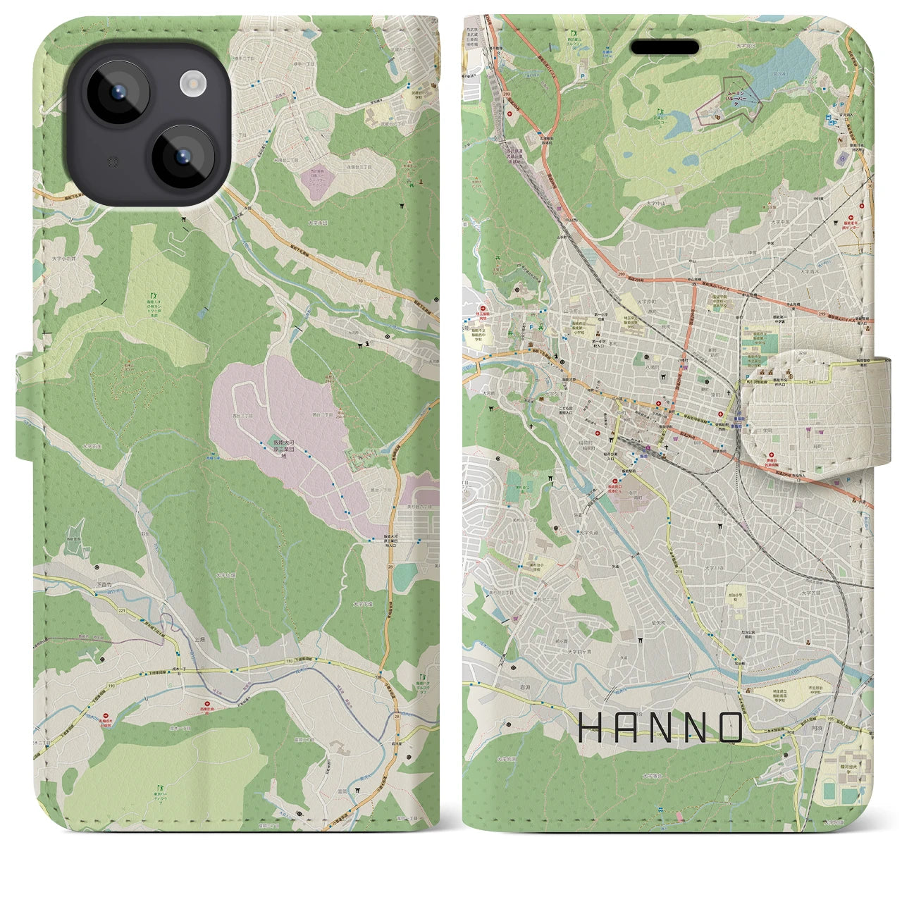 【飯能(埼玉県)】地図柄iPhoneケース(手帳タイプ)ナチュラル・iPhone 14 Plus 用