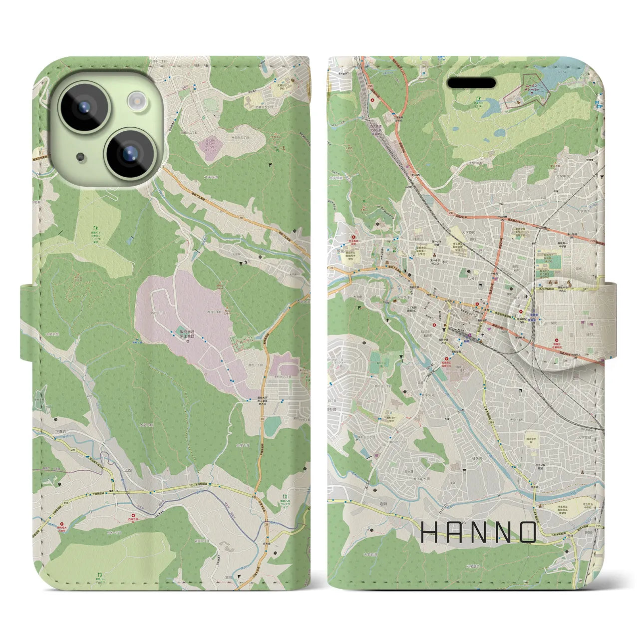 【飯能(埼玉県)】地図柄iPhoneケース(手帳タイプ)ナチュラル・iPhone 15 用