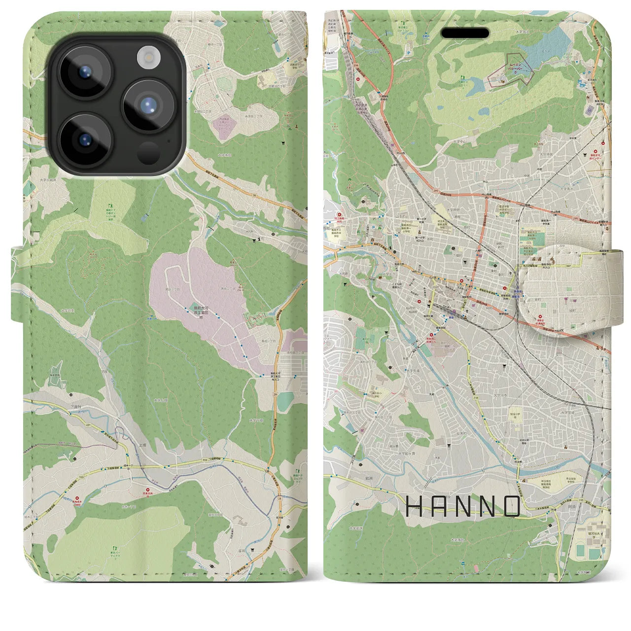 【飯能(埼玉県)】地図柄iPhoneケース(手帳タイプ)ナチュラル・iPhone 15 Pro Max 用