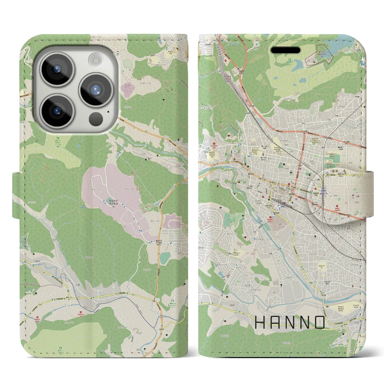 【飯能(埼玉県)】地図柄iPhoneケース(手帳タイプ)ナチュラル・iPhone 15 Pro 用