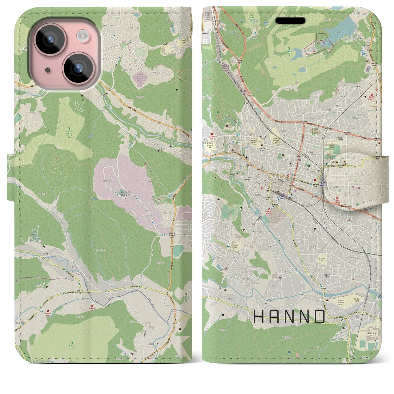 【飯能(埼玉県)】地図柄iPhoneケース(手帳タイプ)ナチュラル・iPhone 15 Plus 用