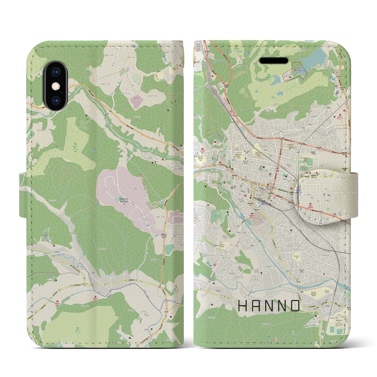 【飯能(埼玉県)】地図柄iPhoneケース(手帳タイプ)ナチュラル・iPhone XS / X 用