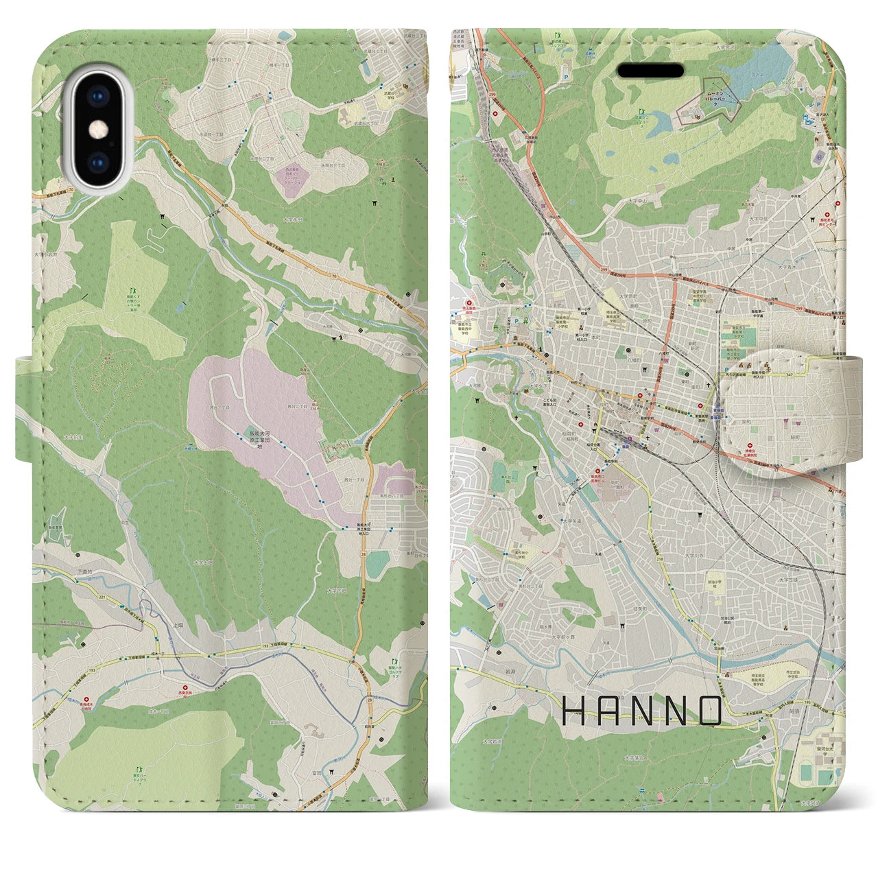 【飯能(埼玉県)】地図柄iPhoneケース(手帳タイプ)ナチュラル・iPhone XS Max 用