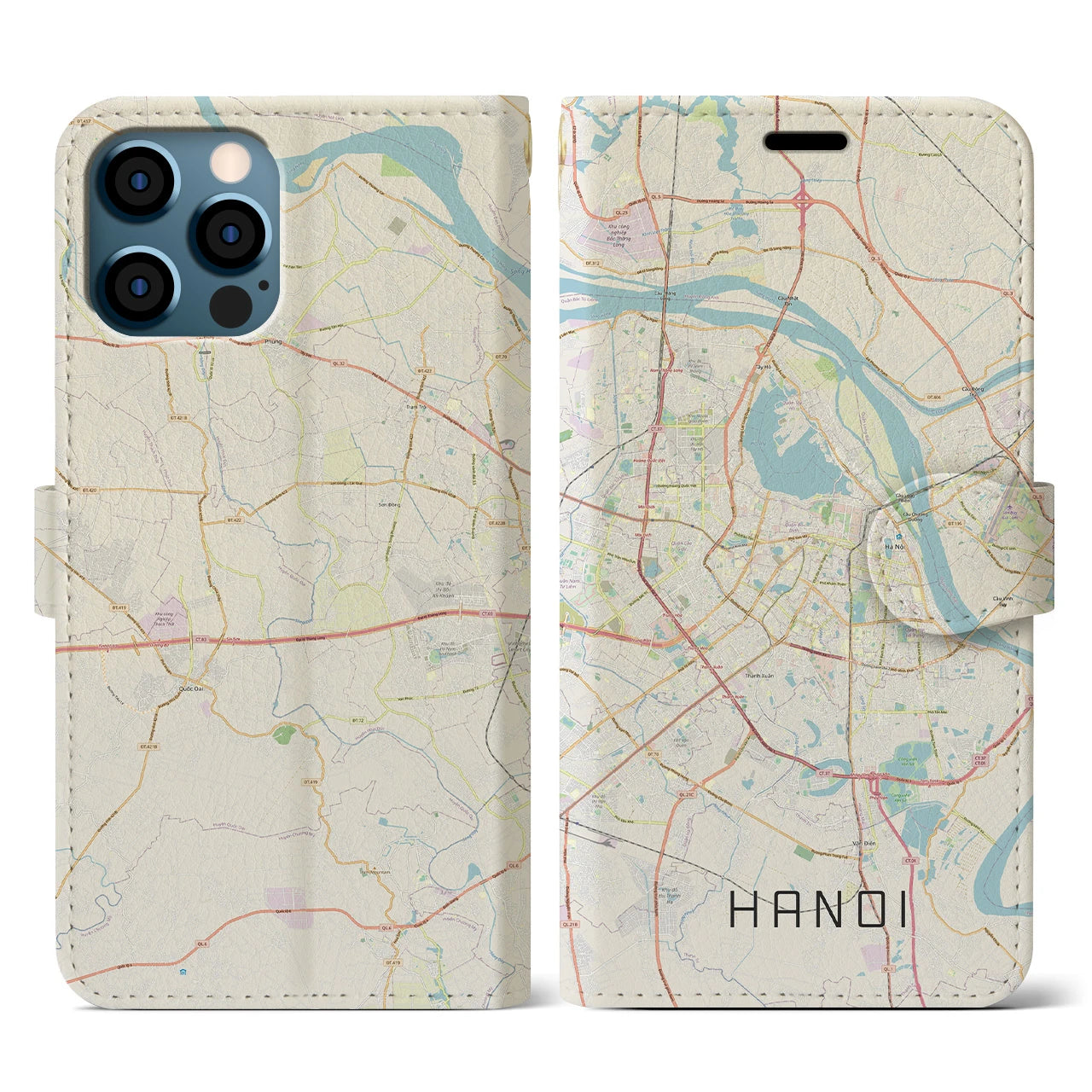 【ハノイ(ベトナム)】地図柄iPhoneケース(手帳タイプ)ナチュラル・iPhone 12 / 12 Pro 用
