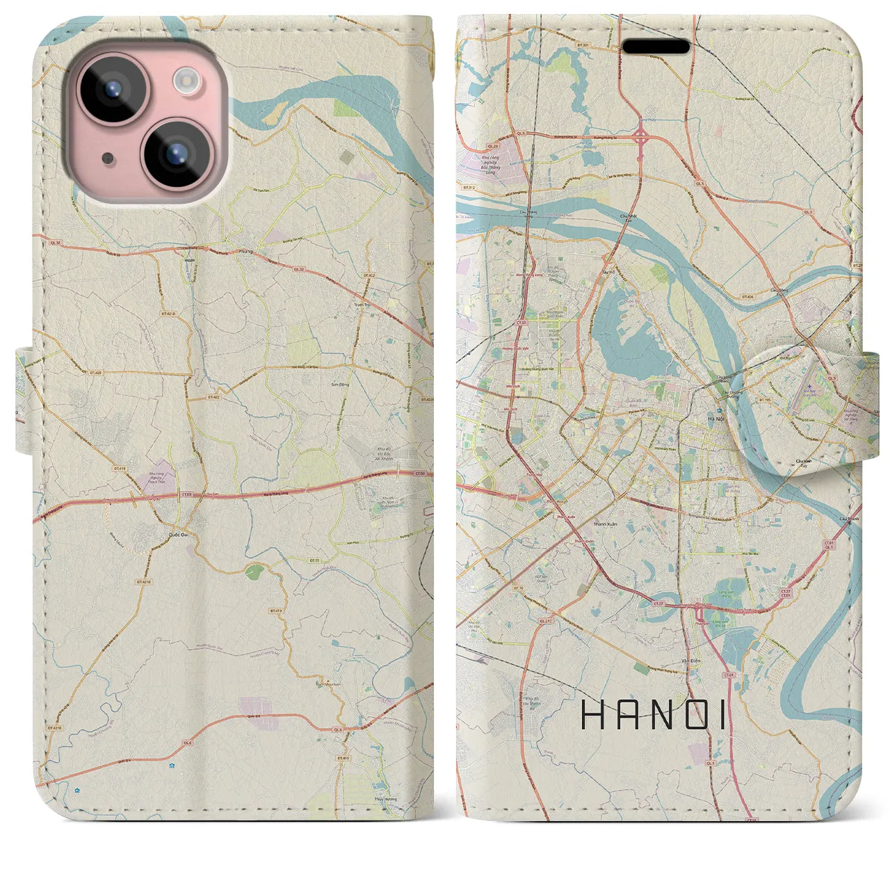 【ハノイ(ベトナム)】地図柄iPhoneケース(手帳タイプ)ナチュラル・iPhone 15 Plus 用