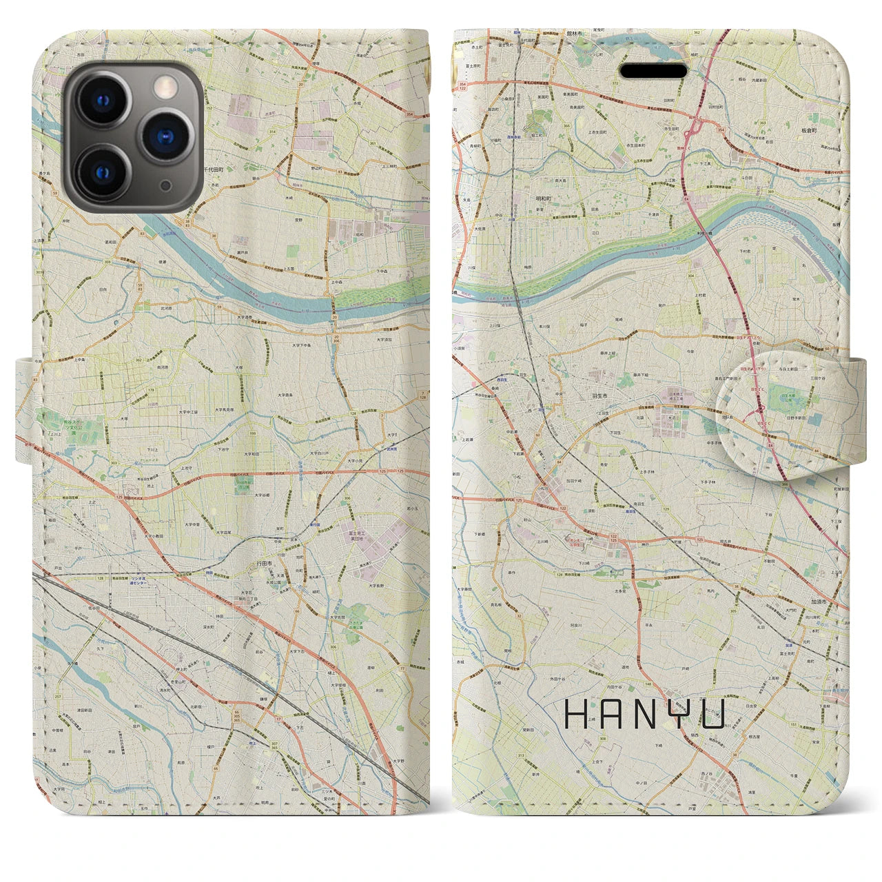【羽生(埼玉県)】地図柄iPhoneケース(手帳タイプ)ナチュラル・iPhone 11 Pro Max 用