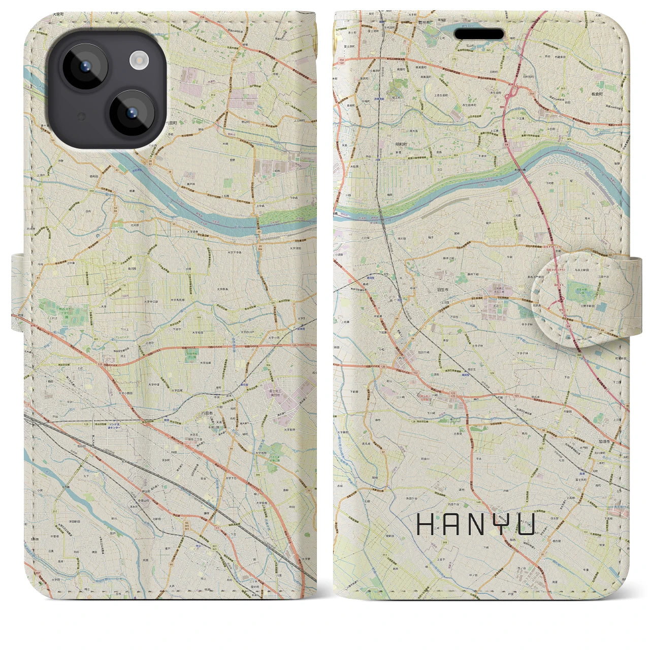 【羽生(埼玉県)】地図柄iPhoneケース(手帳タイプ)ナチュラル・iPhone 14 Plus 用