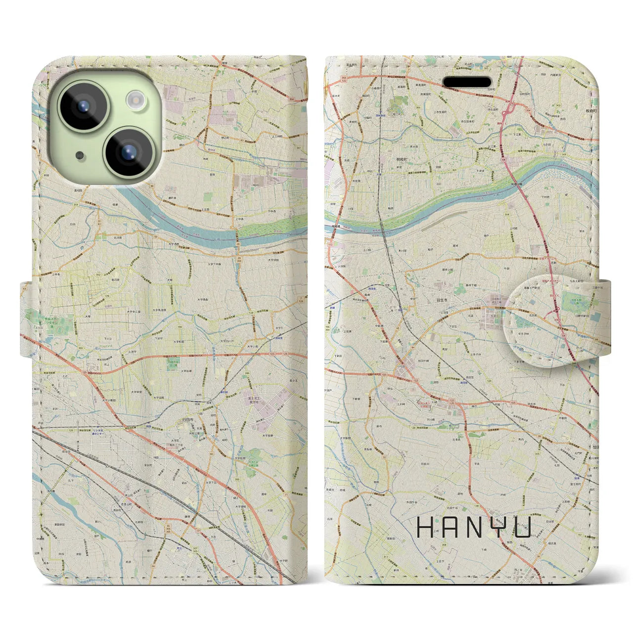 【羽生(埼玉県)】地図柄iPhoneケース(手帳タイプ)ナチュラル・iPhone 15 用