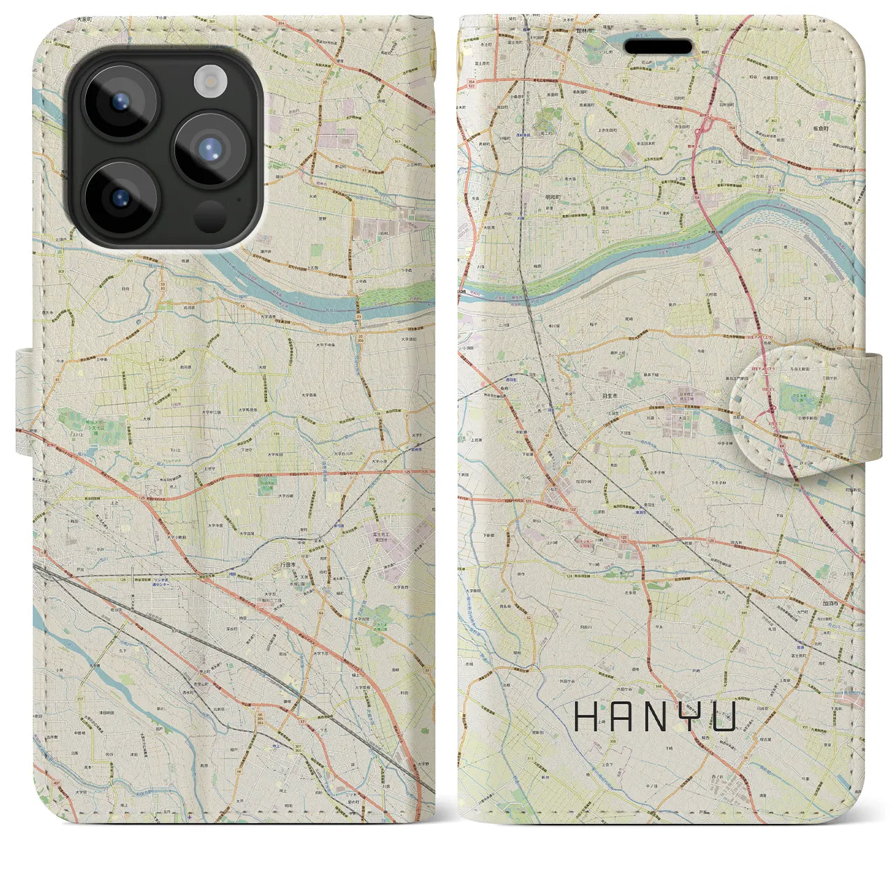 【羽生(埼玉県)】地図柄iPhoneケース(手帳タイプ)ナチュラル・iPhone 15 Pro Max 用