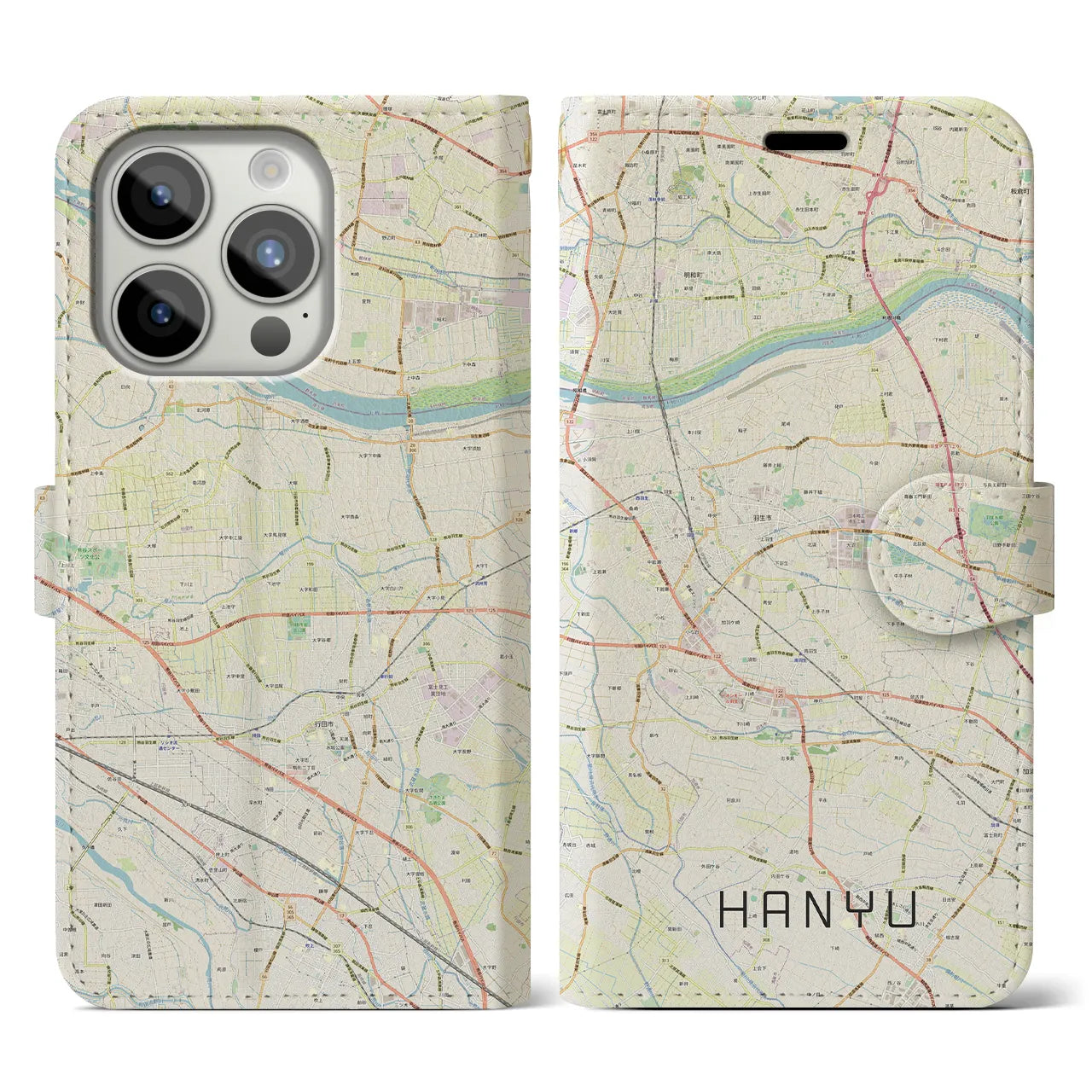 【羽生(埼玉県)】地図柄iPhoneケース(手帳タイプ)ナチュラル・iPhone 15 Pro 用