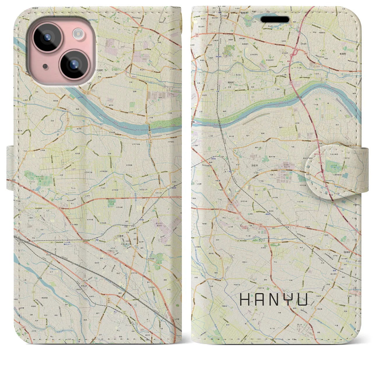 【羽生(埼玉県)】地図柄iPhoneケース(手帳タイプ)ナチュラル・iPhone 15 Plus 用