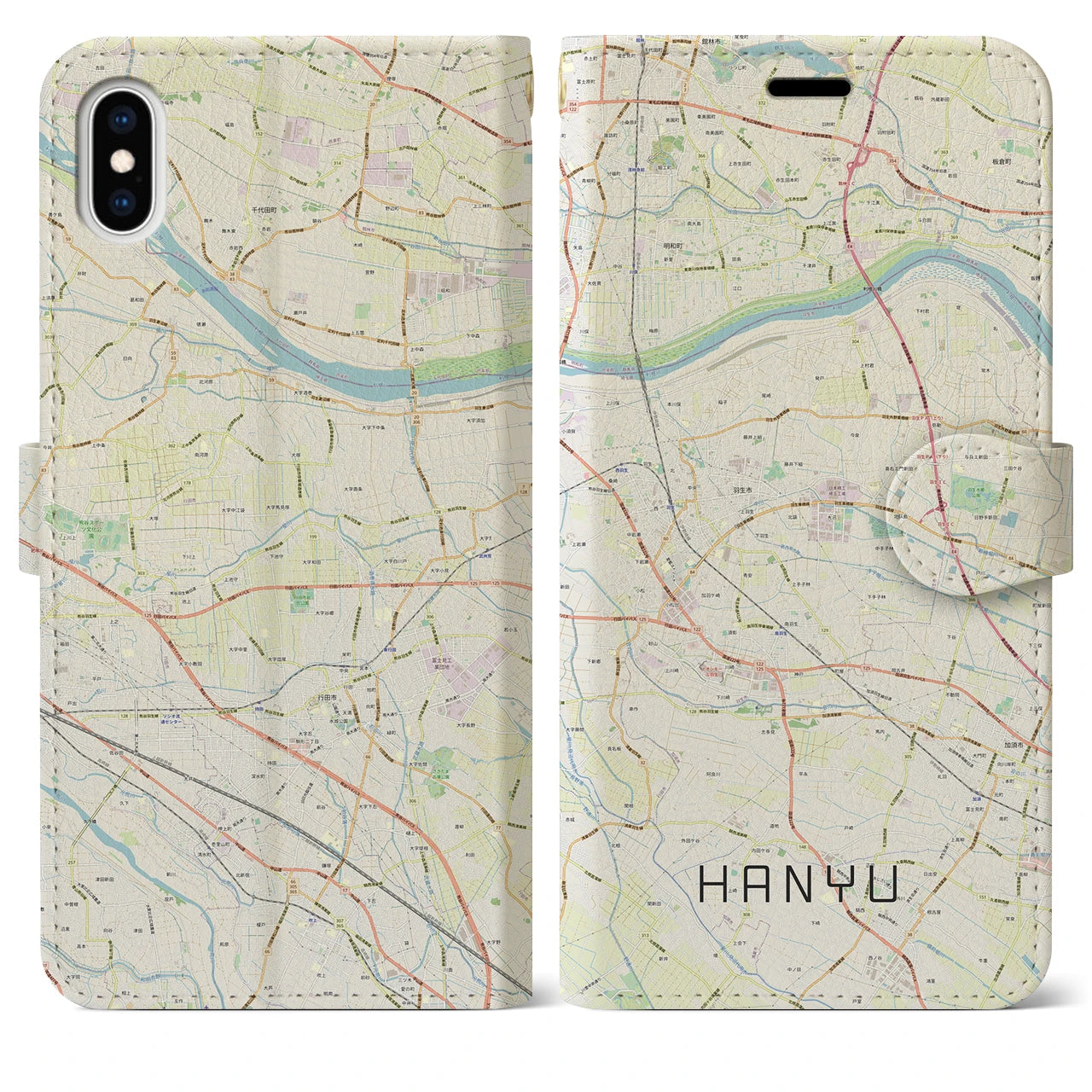 【羽生(埼玉県)】地図柄iPhoneケース(手帳タイプ)ナチュラル・iPhone XS Max 用