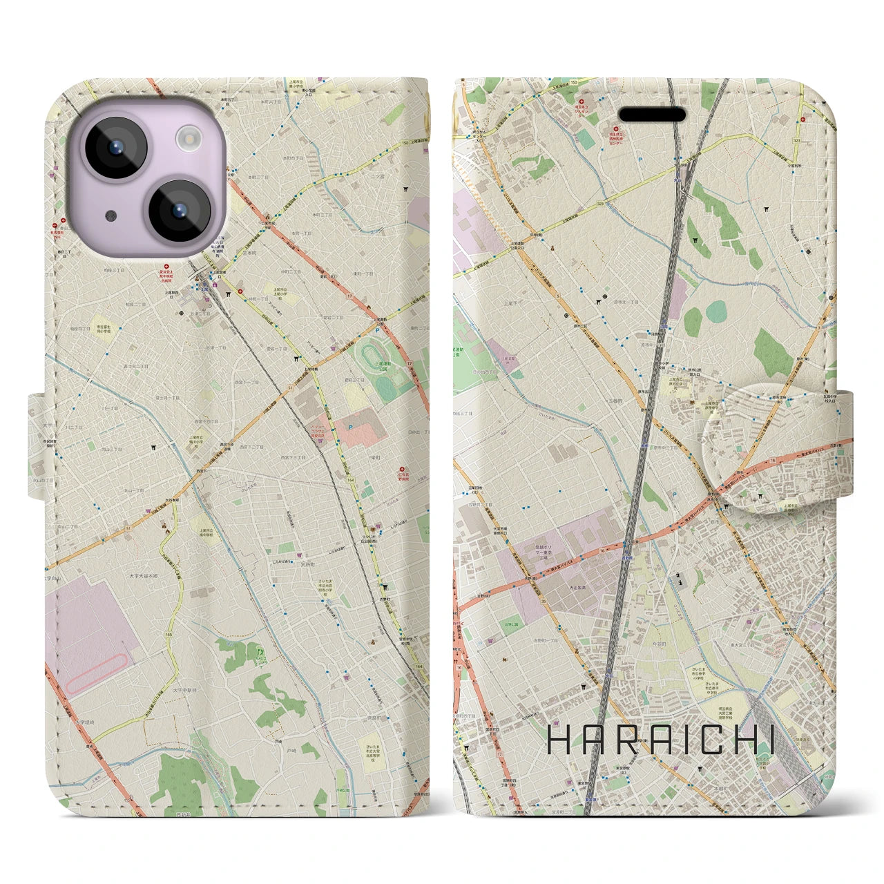 【原市(埼玉県)】地図柄iPhoneケース(手帳タイプ)ナチュラル・iPhone 14 用