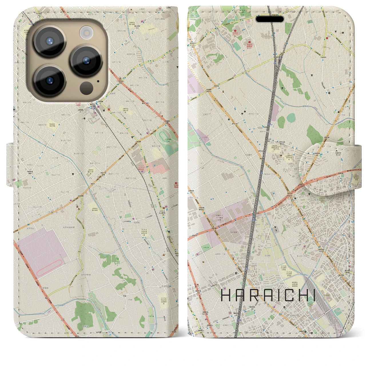 【原市(埼玉県)】地図柄iPhoneケース(手帳タイプ)ナチュラル・iPhone 14 Pro Max 用