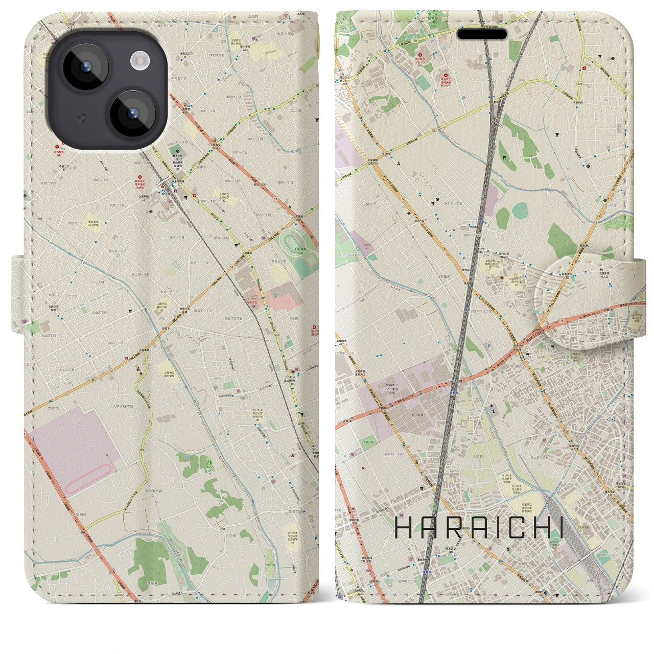 【原市(埼玉県)】地図柄iPhoneケース(手帳タイプ)ナチュラル・iPhone 14 Plus 用