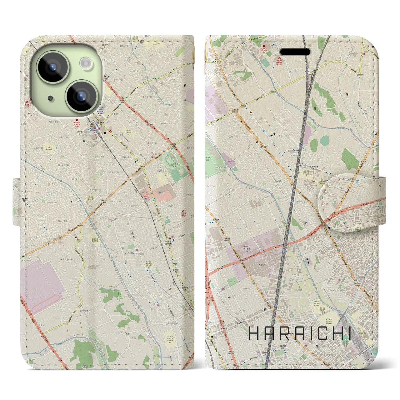 【原市(埼玉県)】地図柄iPhoneケース(手帳タイプ)ナチュラル・iPhone 15 用