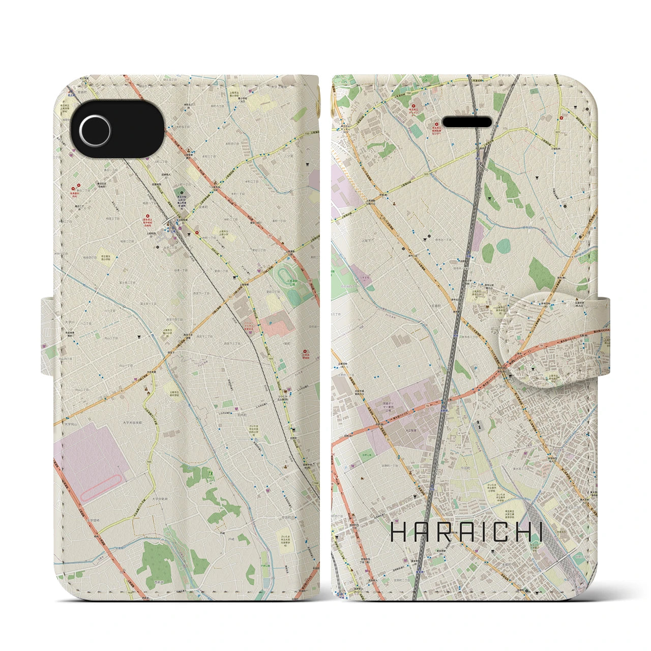 【原市(埼玉県)】地図柄iPhoneケース(手帳タイプ)ナチュラル・iPhone SE(第3 / 第2世代) / 8 / 7 / 6s / 6 用