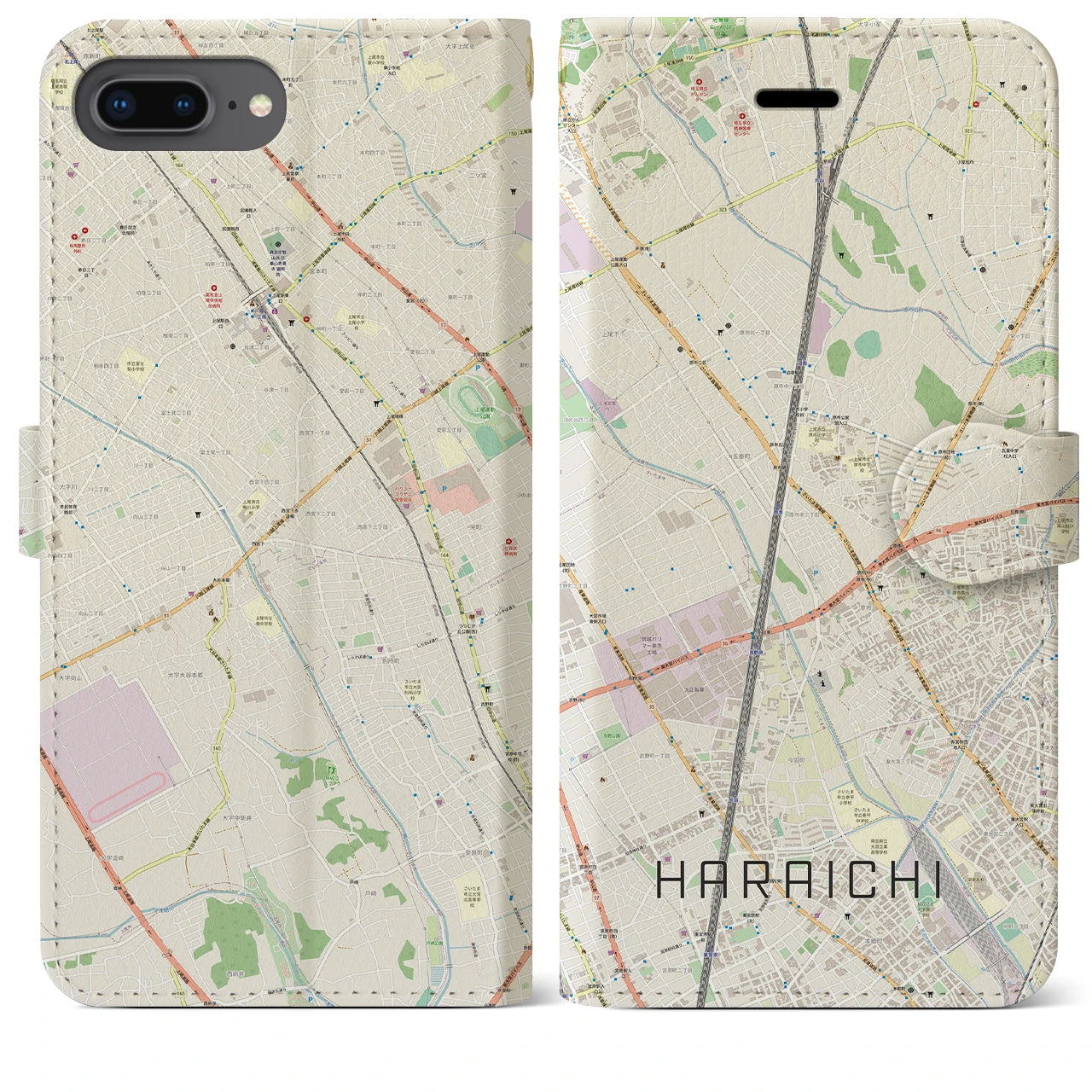 【原市(埼玉県)】地図柄iPhoneケース(手帳タイプ)ナチュラル・iPhone 8Plus /7Plus / 6sPlus / 6Plus 用