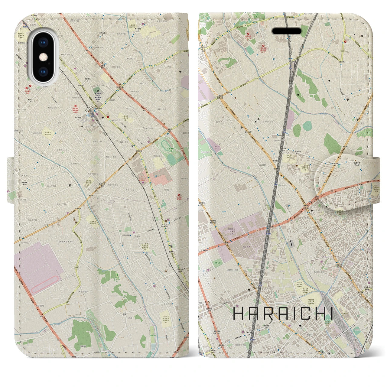 【原市(埼玉県)】地図柄iPhoneケース(手帳タイプ)ナチュラル・iPhone XS Max 用