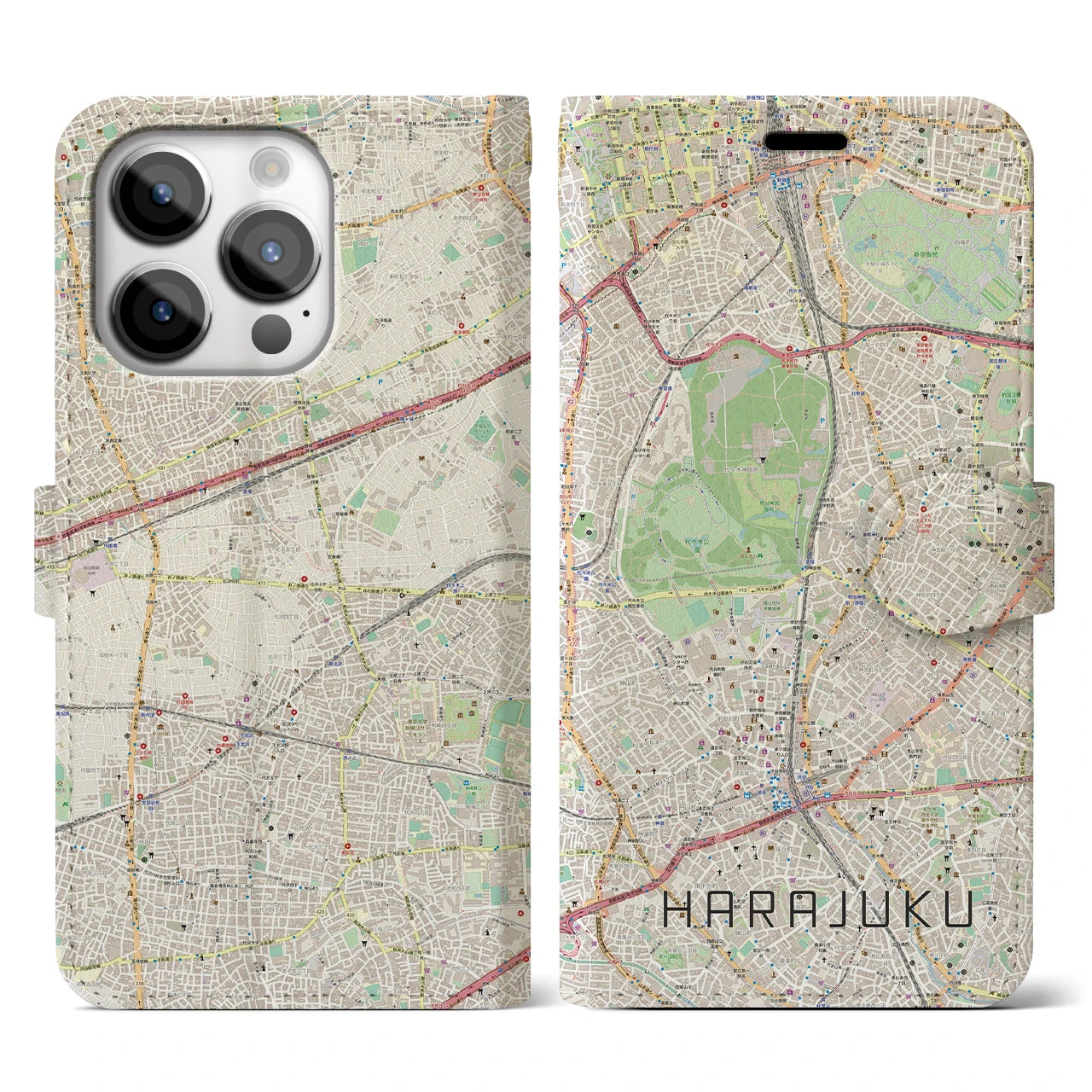 【原宿(東京都)】地図柄iPhoneケース(手帳タイプ)ナチュラル・iPhone 14 Pro 用