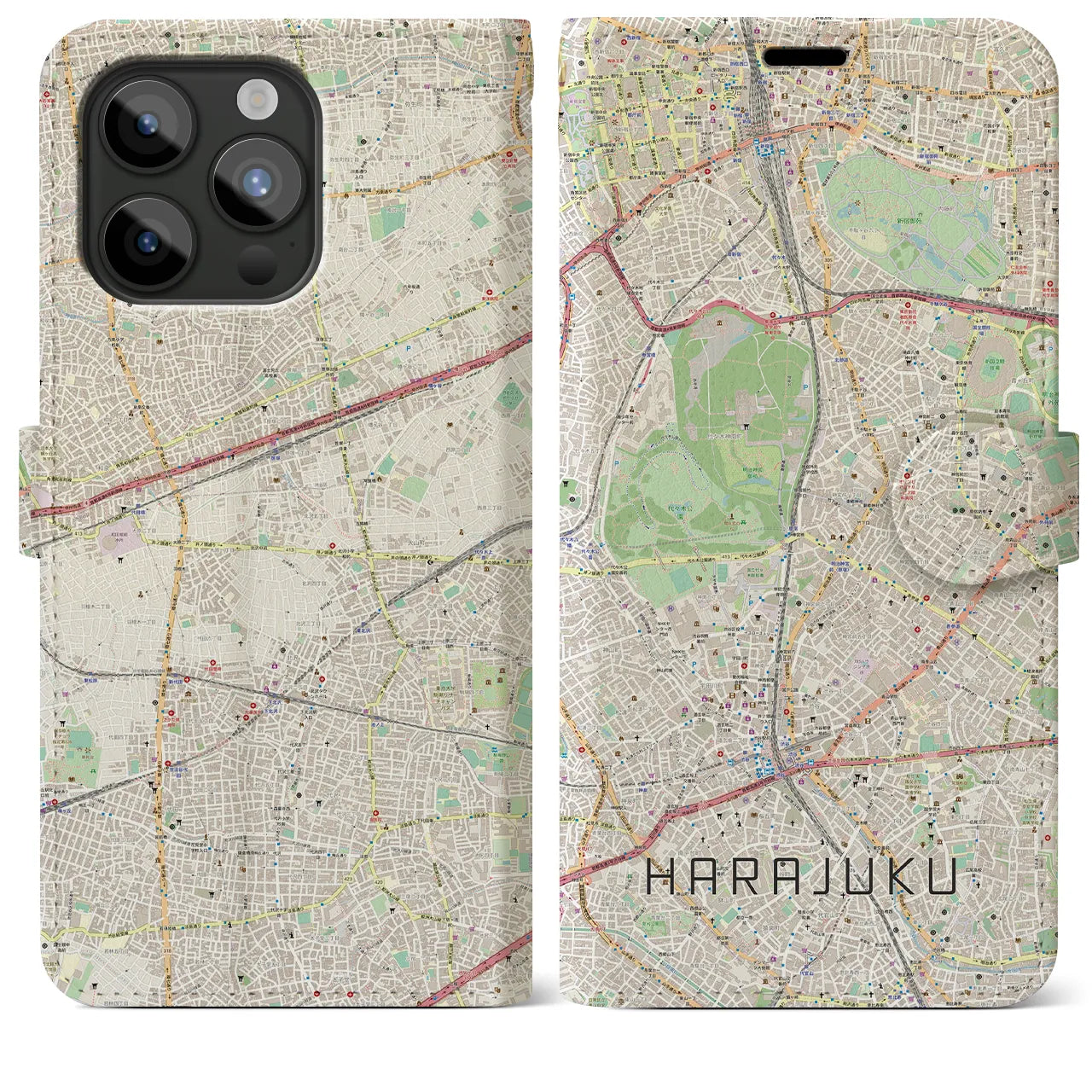 【原宿(東京都)】地図柄iPhoneケース(手帳タイプ)ナチュラル・iPhone 15 Pro Max 用