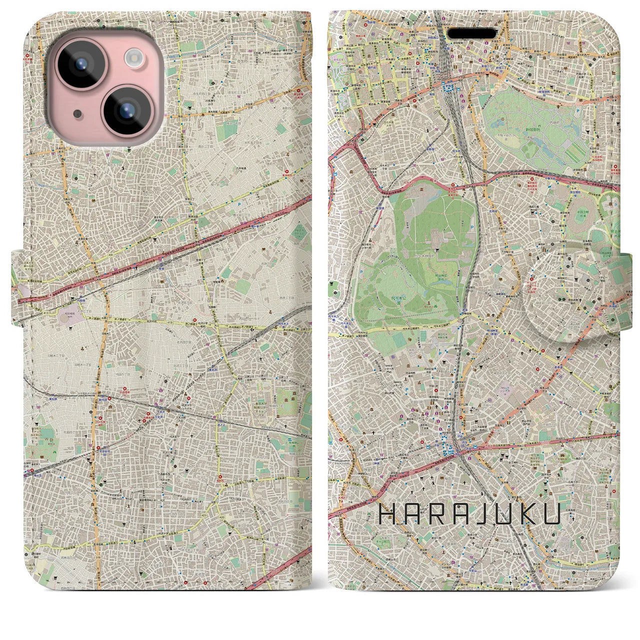 【原宿(東京都)】地図柄iPhoneケース(手帳タイプ)ナチュラル・iPhone 15 Plus 用