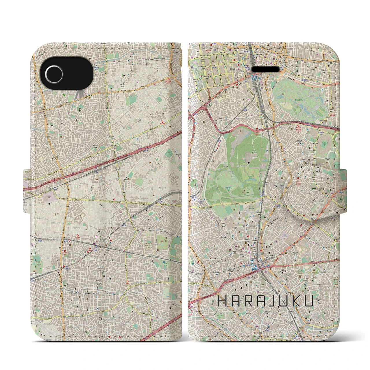【原宿(東京都)】地図柄iPhoneケース(手帳タイプ)ナチュラル・iPhone SE(第3 / 第2世代) / 8 / 7 / 6s / 6 用
