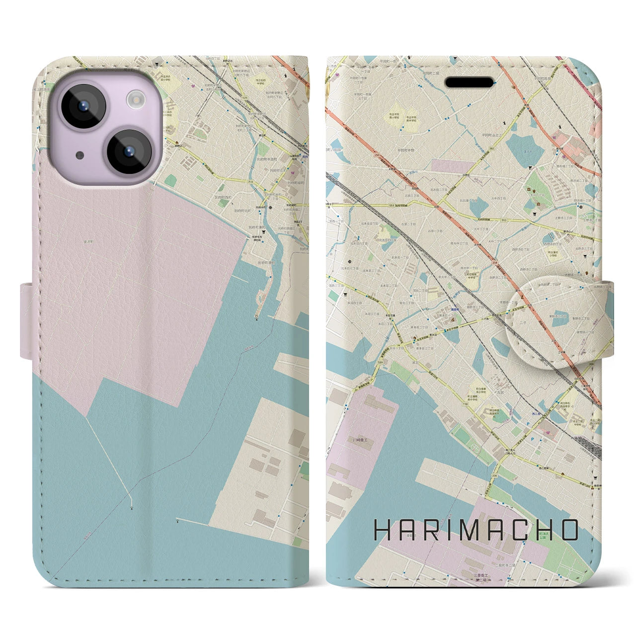 【播磨町(兵庫県)】地図柄iPhoneケース(手帳タイプ)ナチュラル・iPhone 14 用