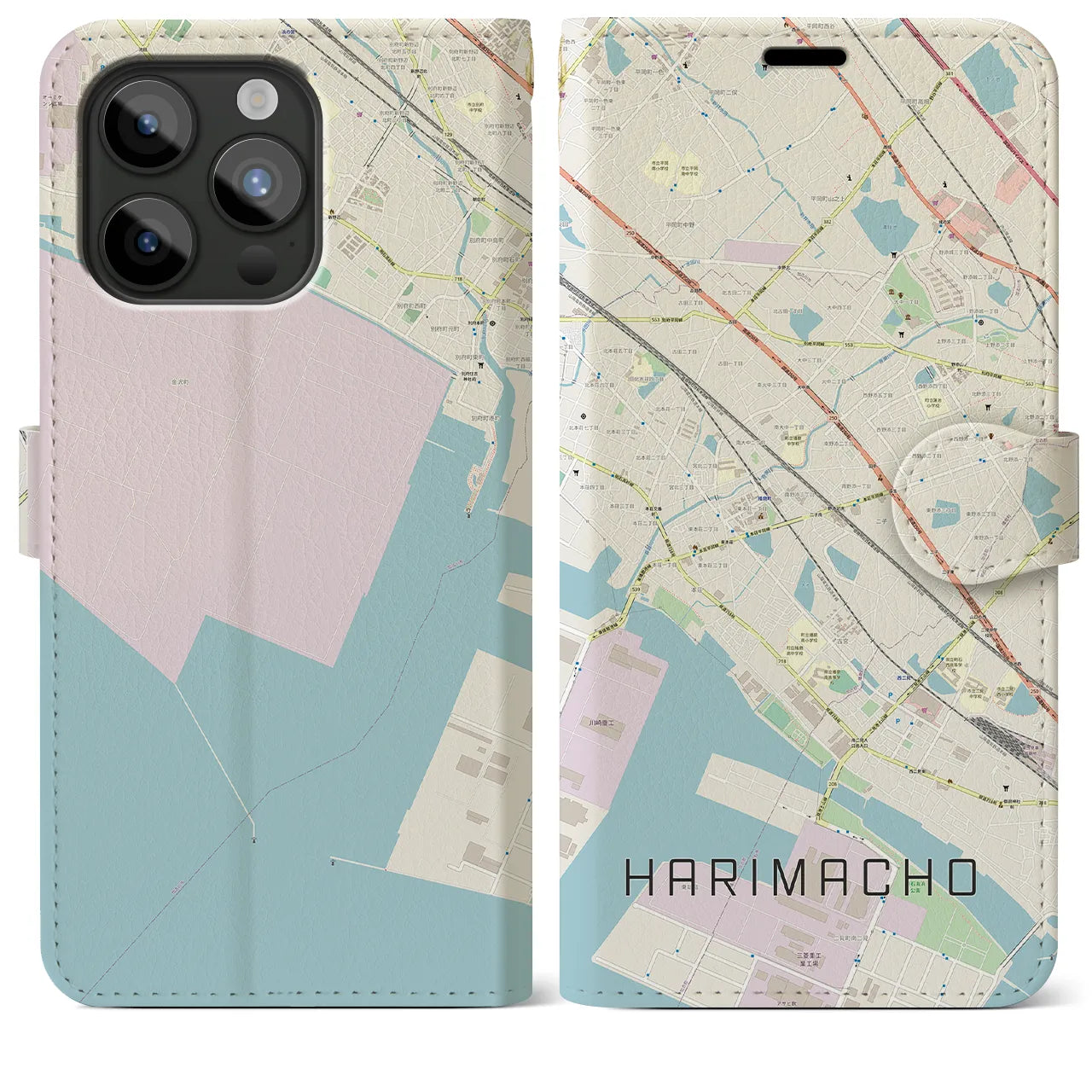 【播磨町(兵庫県)】地図柄iPhoneケース(手帳タイプ)ナチュラル・iPhone 15 Pro Max 用