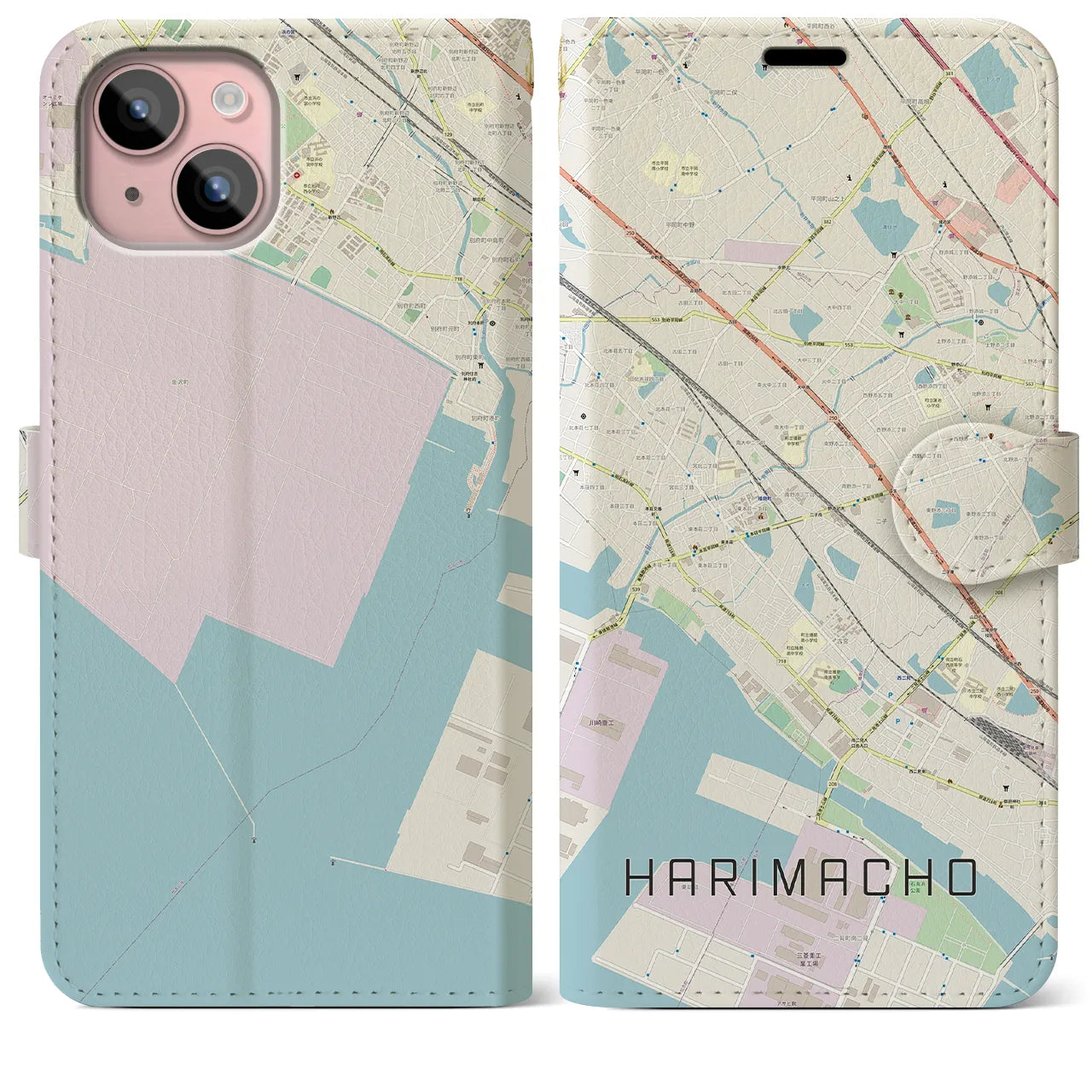 【播磨町(兵庫県)】地図柄iPhoneケース(手帳タイプ)ナチュラル・iPhone 15 Plus 用