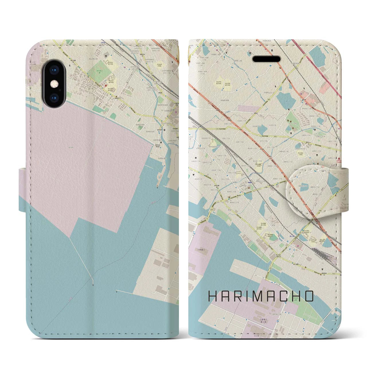 【播磨町(兵庫県)】地図柄iPhoneケース(手帳タイプ)ナチュラル・iPhone XS / X 用