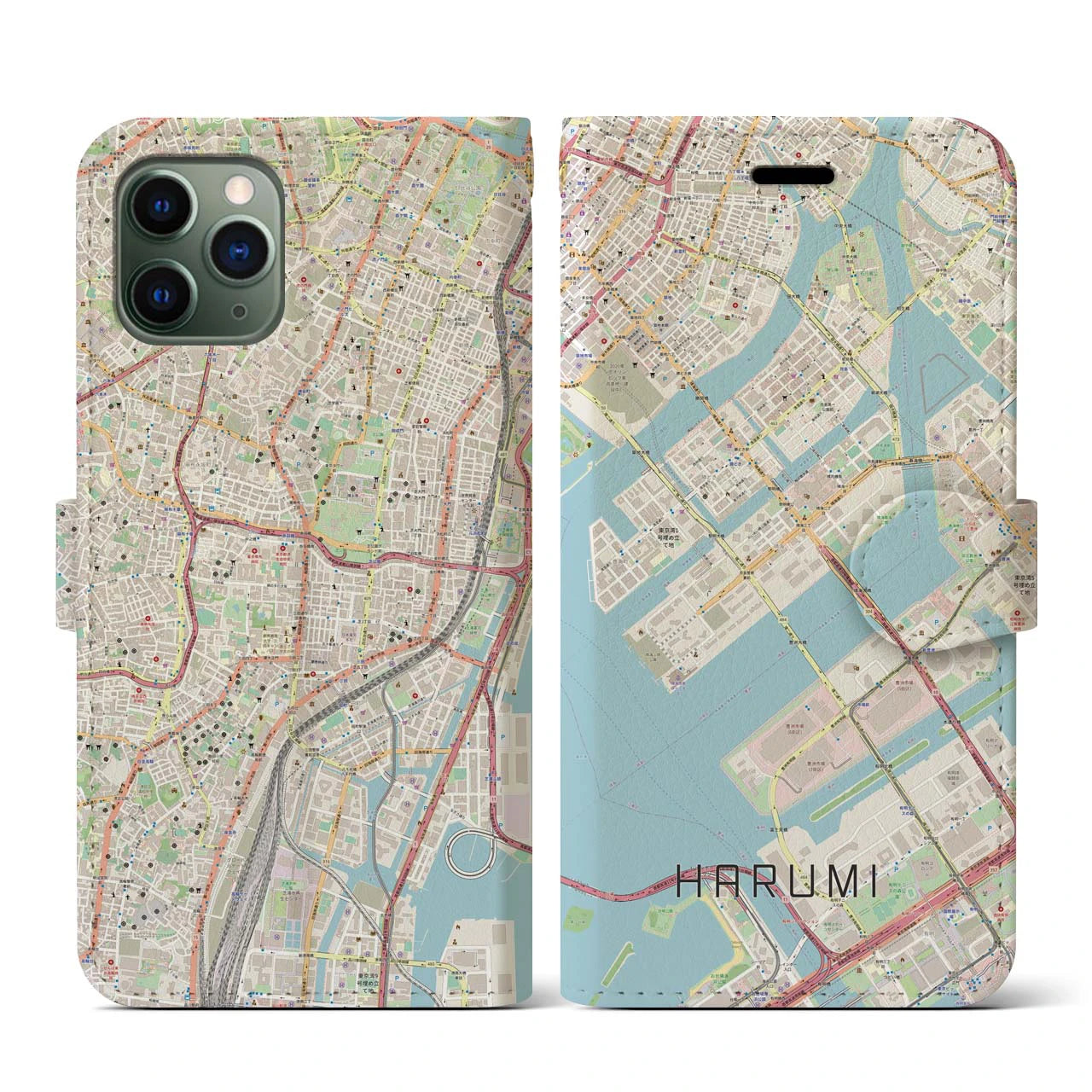 【晴海(東京都)】地図柄iPhoneケース(手帳タイプ)ナチュラル・iPhone 11 Pro 用