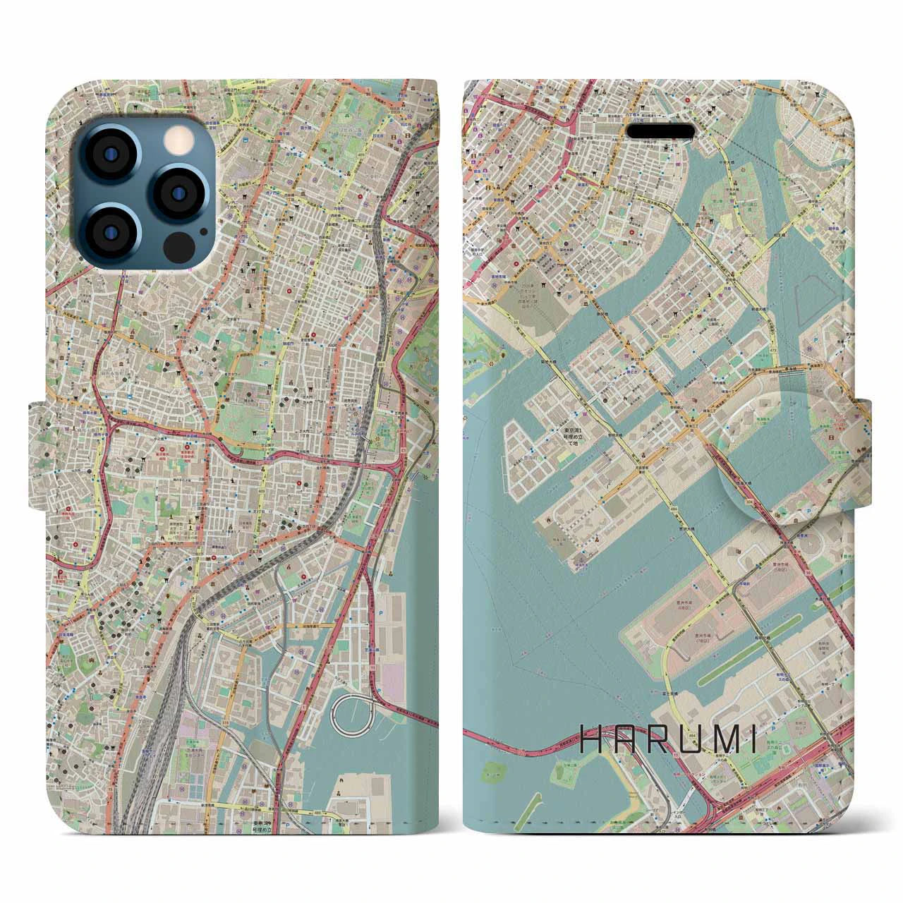 【晴海(東京都)】地図柄iPhoneケース(手帳タイプ)ナチュラル・iPhone 12 / 12 Pro 用