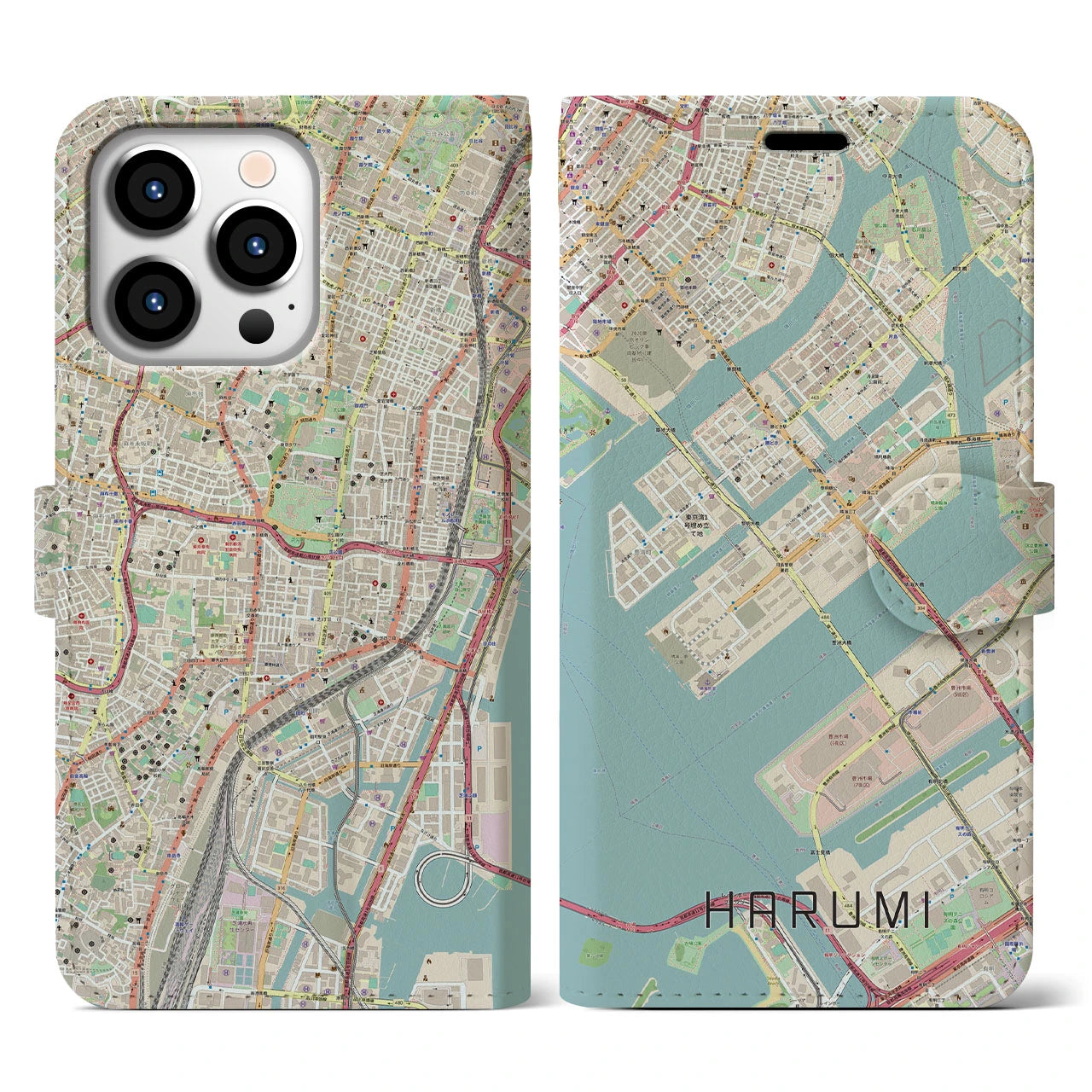【晴海(東京都)】地図柄iPhoneケース(手帳タイプ)ナチュラル・iPhone 13 Pro 用