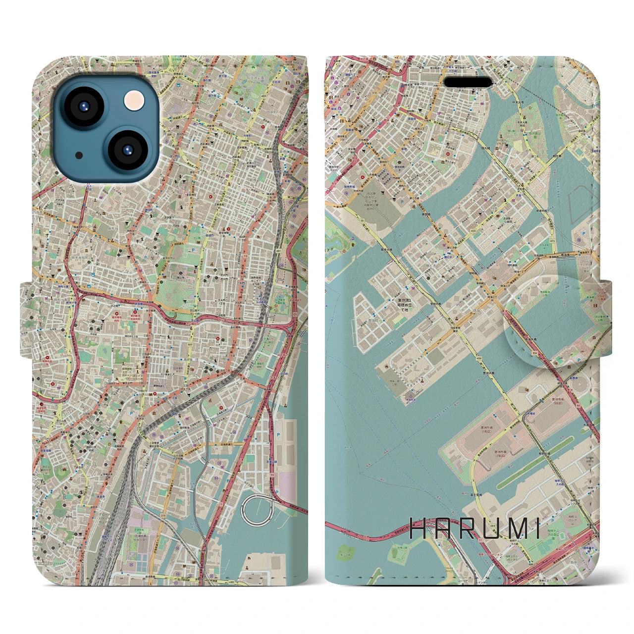 【晴海(東京都)】地図柄iPhoneケース(手帳タイプ)ナチュラル・iPhone 13 用