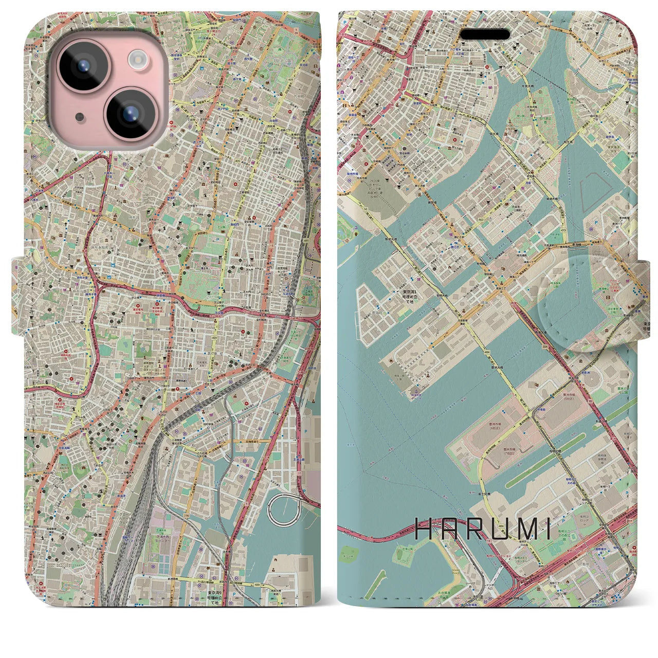 【晴海(東京都)】地図柄iPhoneケース(手帳タイプ)ナチュラル・iPhone 15 Plus 用