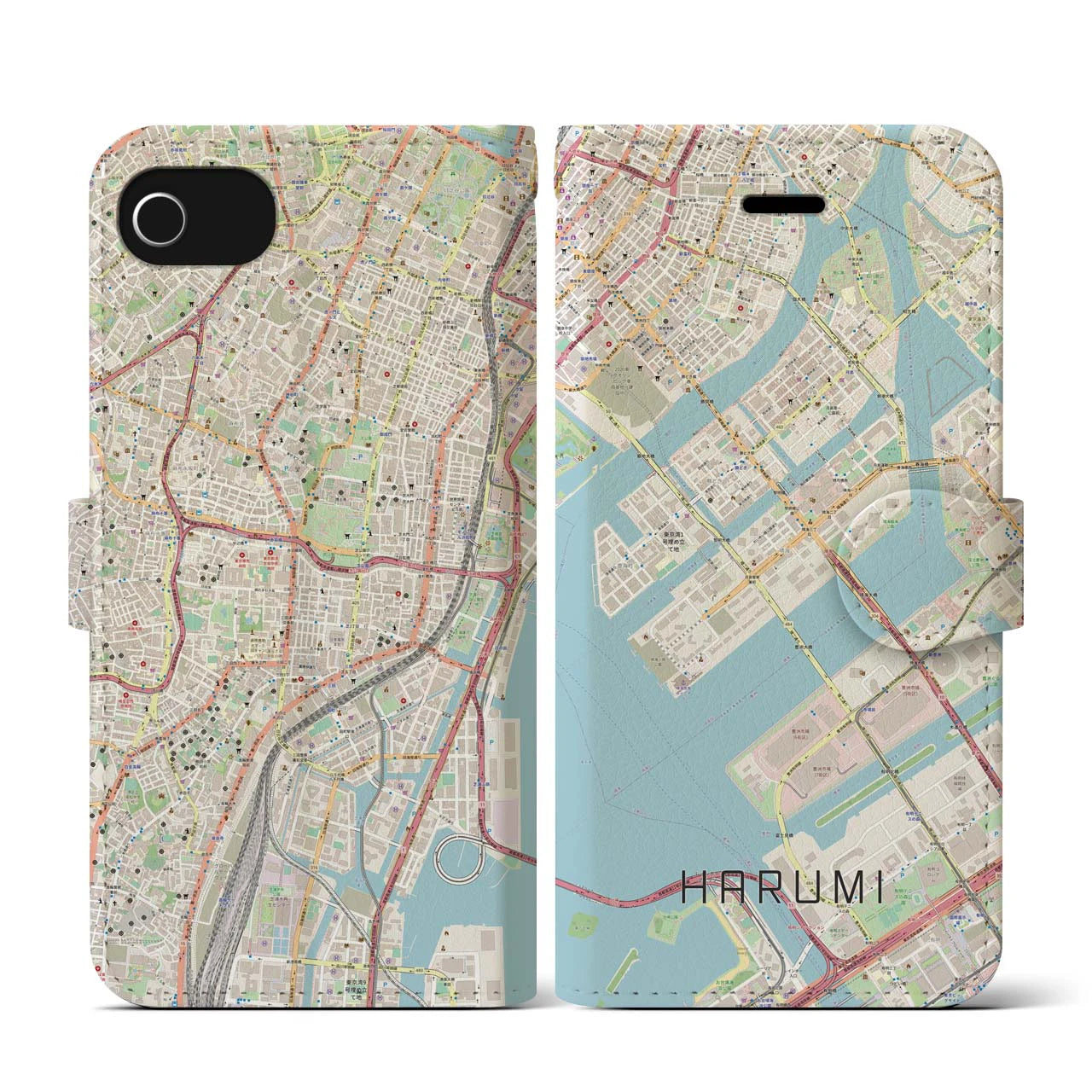 【晴海(東京都)】地図柄iPhoneケース(手帳タイプ)ナチュラル・iPhone SE(第3 / 第2世代) / 8 / 7 / 6s / 6 用