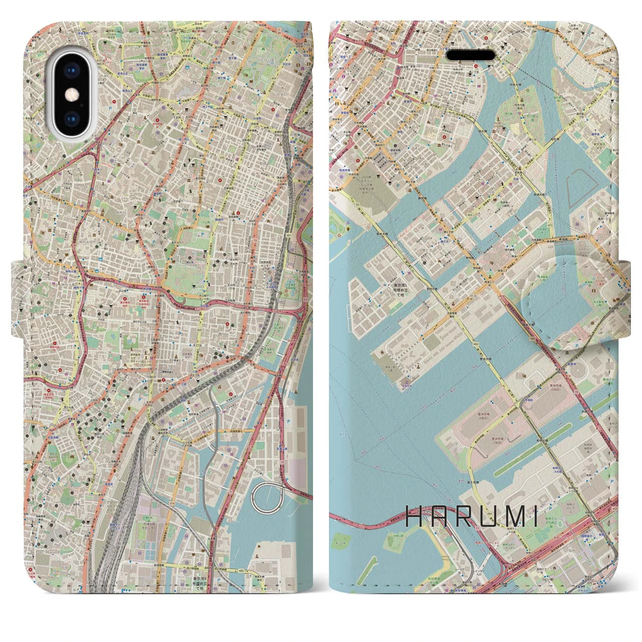 【晴海(東京都)】地図柄iPhoneケース(手帳タイプ)ナチュラル・iPhone XS Max 用