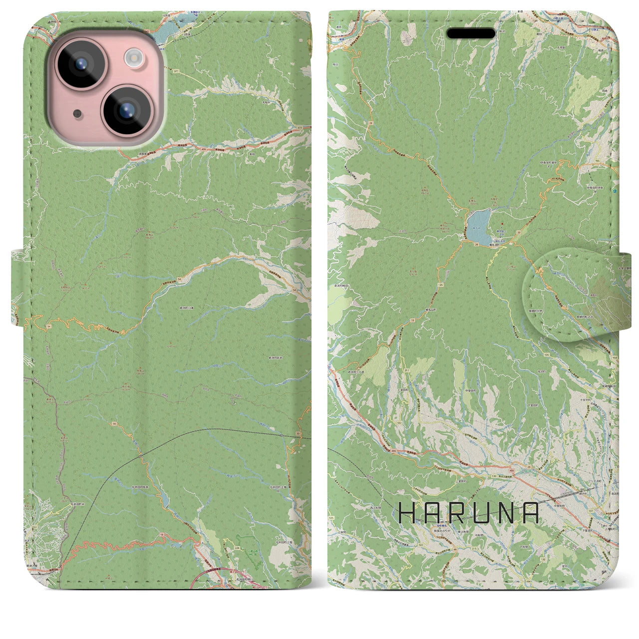 【榛名(群馬県)】地図柄iPhoneケース(手帳タイプ)ナチュラル・iPhone 15 Plus 用