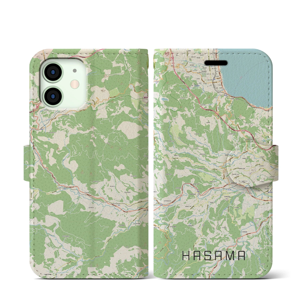 【挾間(大分県)】地図柄iPhoneケース(手帳タイプ)ナチュラル・iPhone 12 mini 用