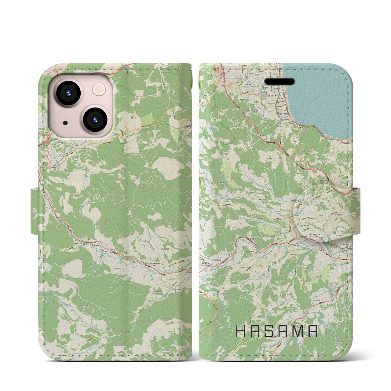 【挾間(大分県)】地図柄iPhoneケース(手帳タイプ)ナチュラル・iPhone 13 mini 用