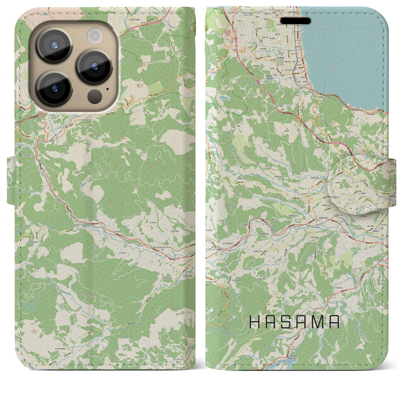 【挾間(大分県)】地図柄iPhoneケース(手帳タイプ)ナチュラル・iPhone 14 Pro Max 用