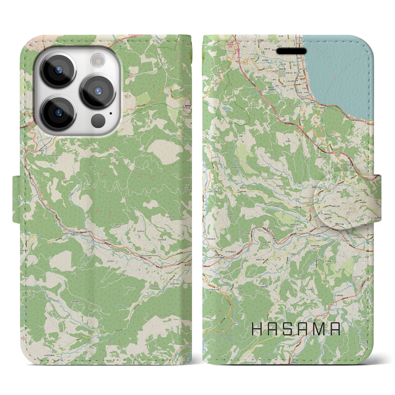 【挾間(大分県)】地図柄iPhoneケース(手帳タイプ)ナチュラル・iPhone 14 Pro 用
