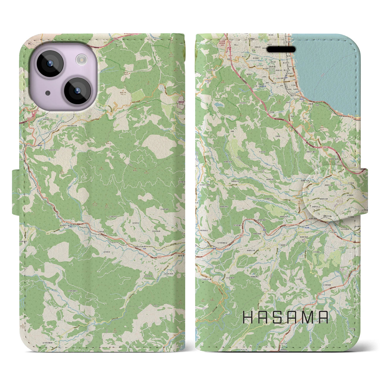 【挾間(大分県)】地図柄iPhoneケース(手帳タイプ)ナチュラル・iPhone 14 用
