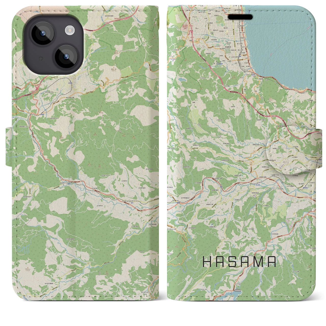 【挾間(大分県)】地図柄iPhoneケース(手帳タイプ)ナチュラル・iPhone 14 Plus 用