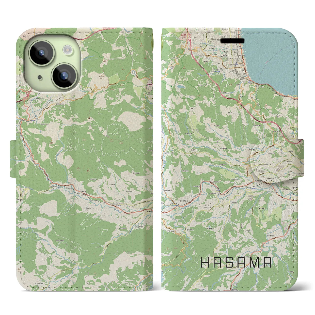 【挾間(大分県)】地図柄iPhoneケース(手帳タイプ)ナチュラル・iPhone 15 用