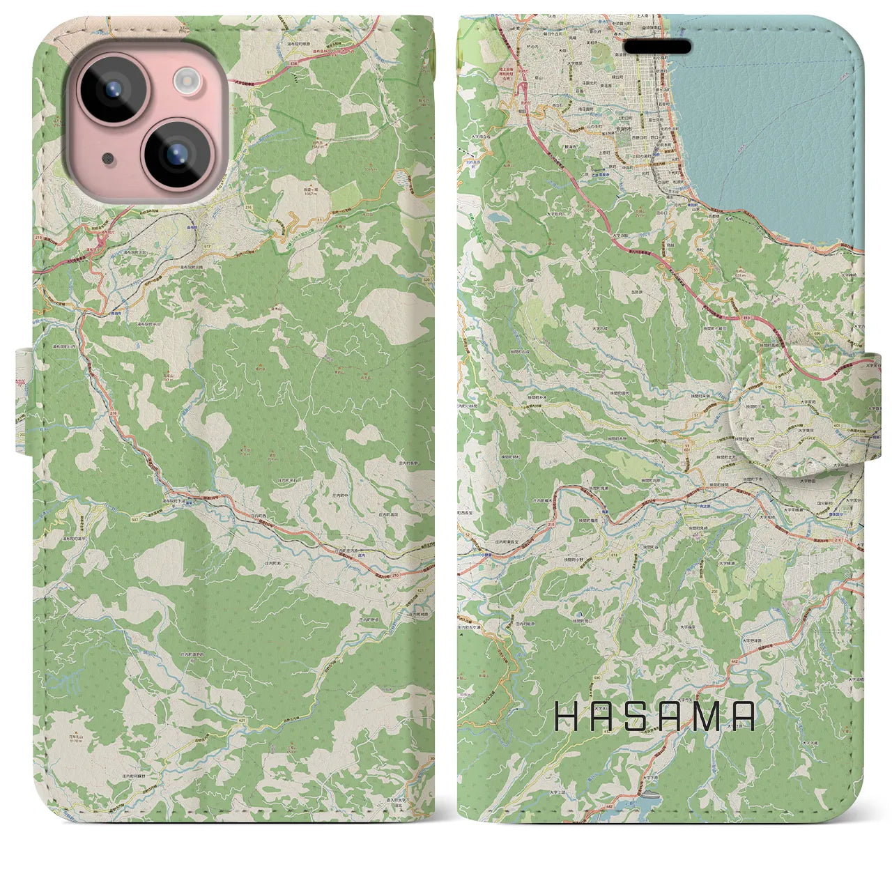 【挾間(大分県)】地図柄iPhoneケース(手帳タイプ)ナチュラル・iPhone 15 Plus 用