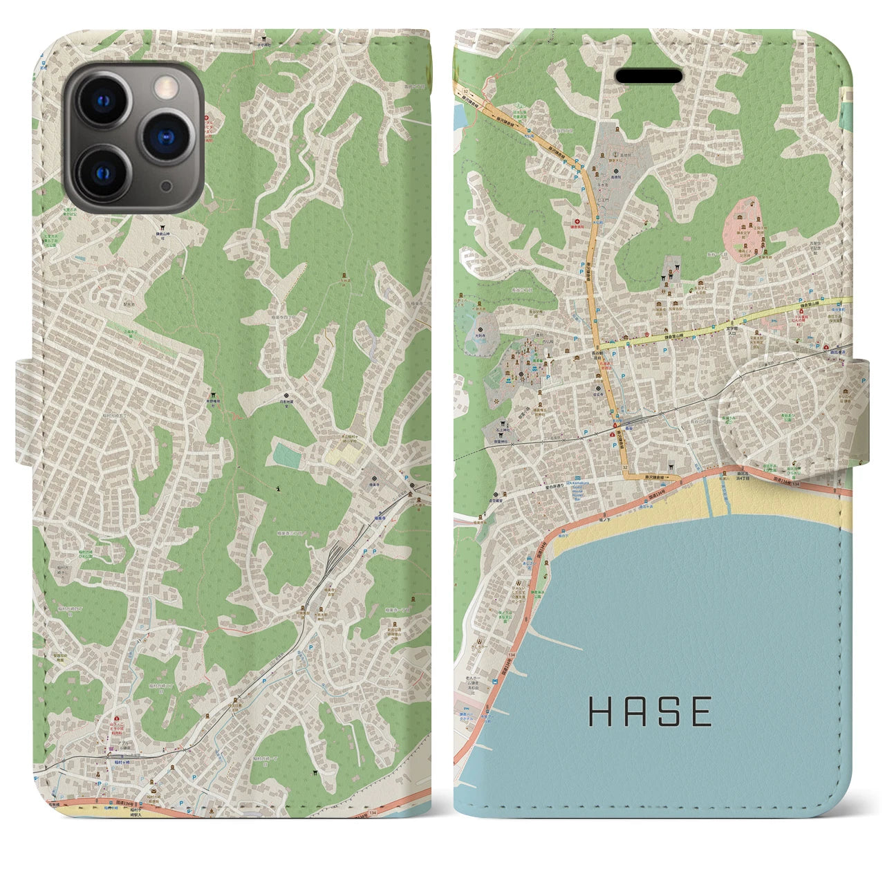 【長谷(神奈川県)】地図柄iPhoneケース(手帳タイプ)ナチュラル・iPhone 11 Pro Max 用