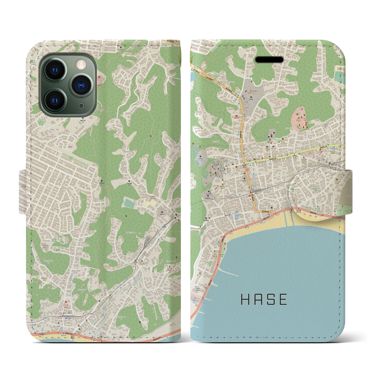 【長谷(神奈川県)】地図柄iPhoneケース(手帳タイプ)ナチュラル・iPhone 11 Pro 用