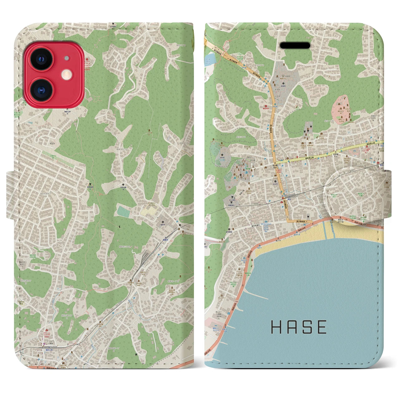 【長谷(神奈川県)】地図柄iPhoneケース(手帳タイプ)ナチュラル・iPhone 11 用